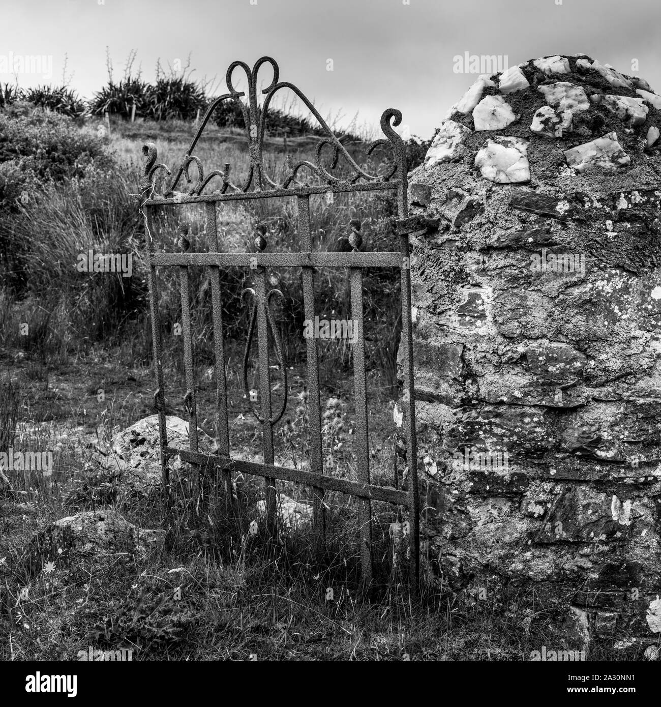 Metal gate of abandoned building, Glenamoy, County Mayo, Ireland Stock Photo