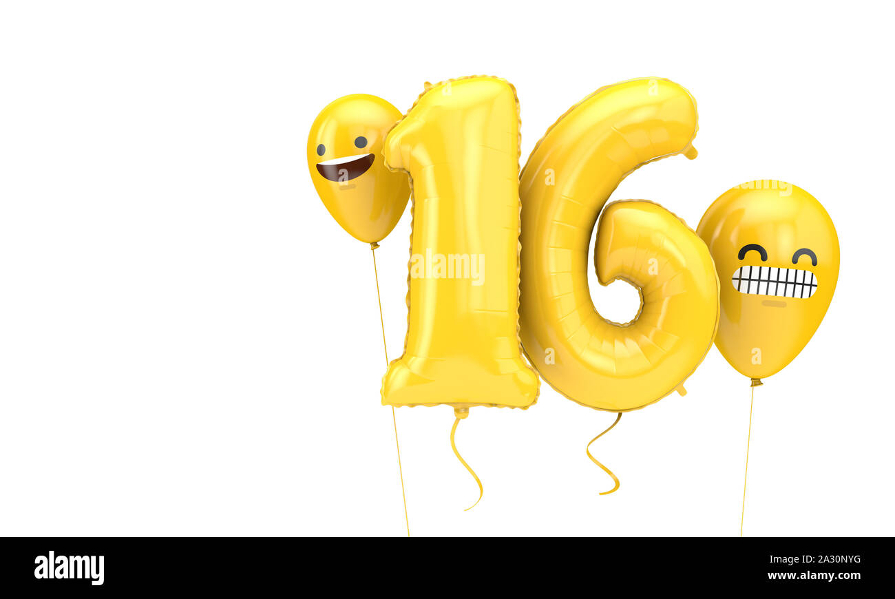 Number 16 birthday ballloon with emoji faces balloons. 3D Render Stock Photo