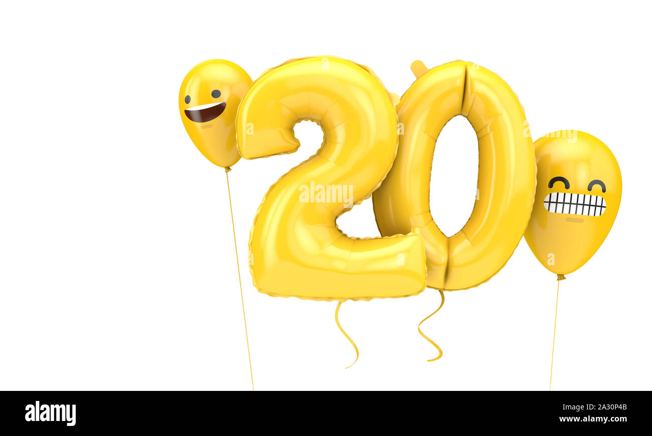 Number 20 birthday ballloon with emoji faces balloons. 3D Render Stock Photo