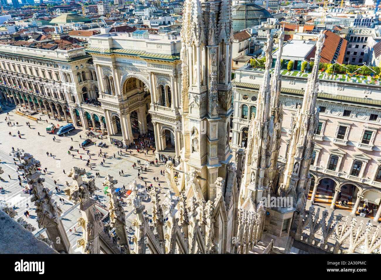 MILAN, ITALY - APRIL 15, 2019: Milan skyline view from Milan Cathedral (Duomo di Milano) in Italy. This 107m high cathedral is dedicated to St Mary of Stock Photo