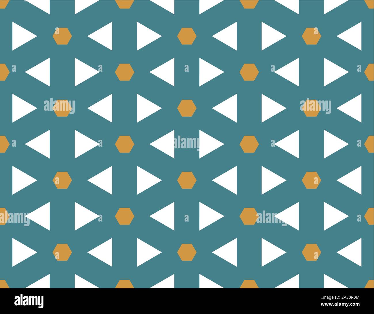 Vector seamless geometric pattern. Shaped brown hexagons and white triangles on blue background. Stock Vector