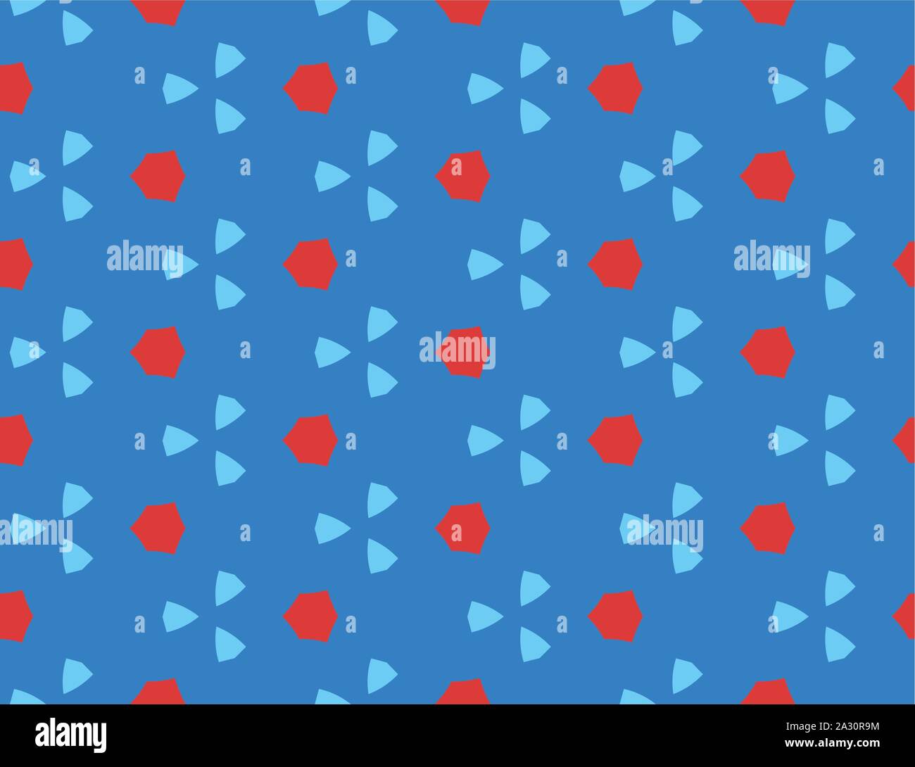 Vector seamless geometric pattern. Shaped red hexagons, light blue triangles on blue background. Stock Vector