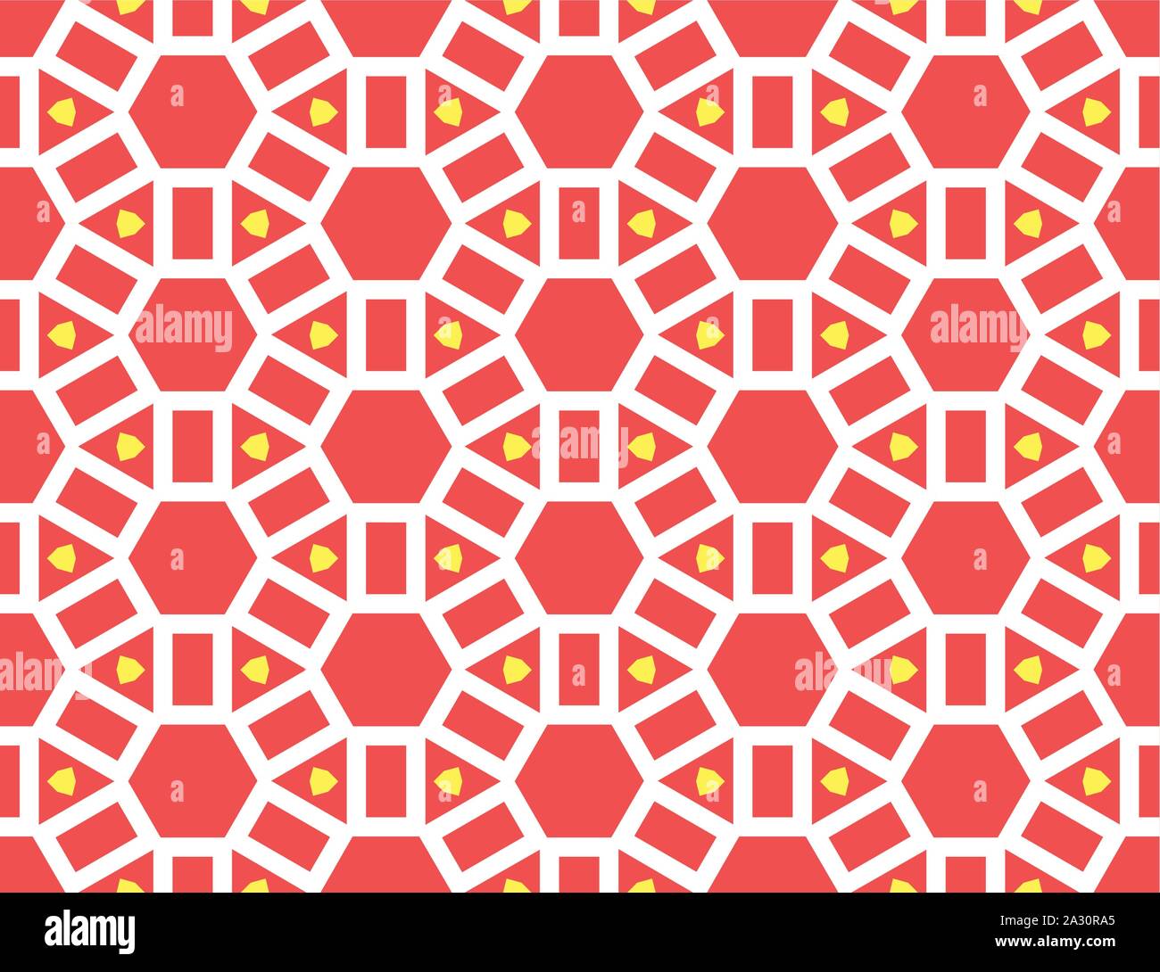 Vector seamless geometric pattern. Shaped white and yellow hexagons, triangles and rectangles on red background. Stock Vector