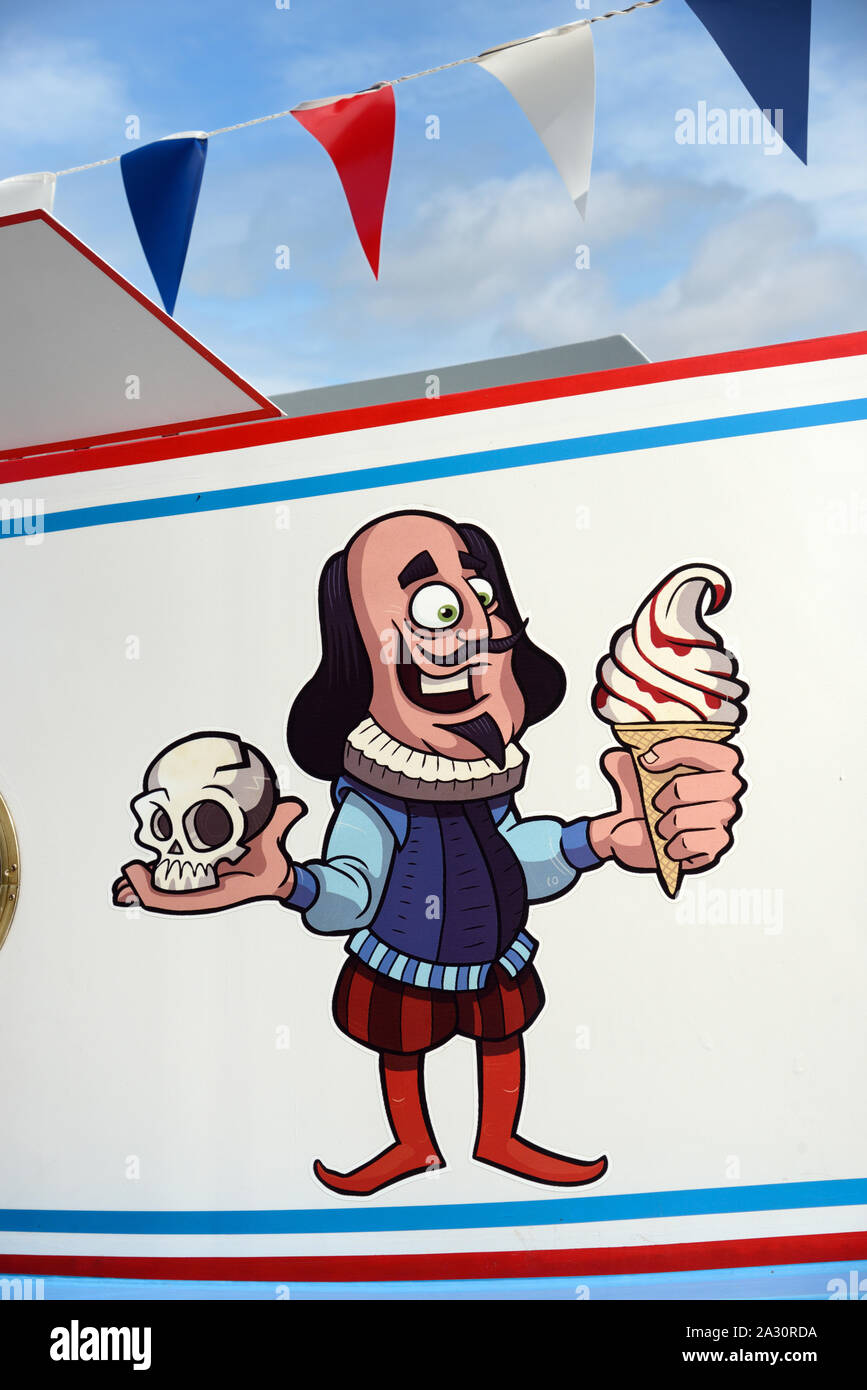 Caricature of William Shakespeare Holding Yorick's Skull, from Hamlet, & Ice Cream on Ice Cream Barge or Canal Boat Stratford-upon-Avon Stock Photo