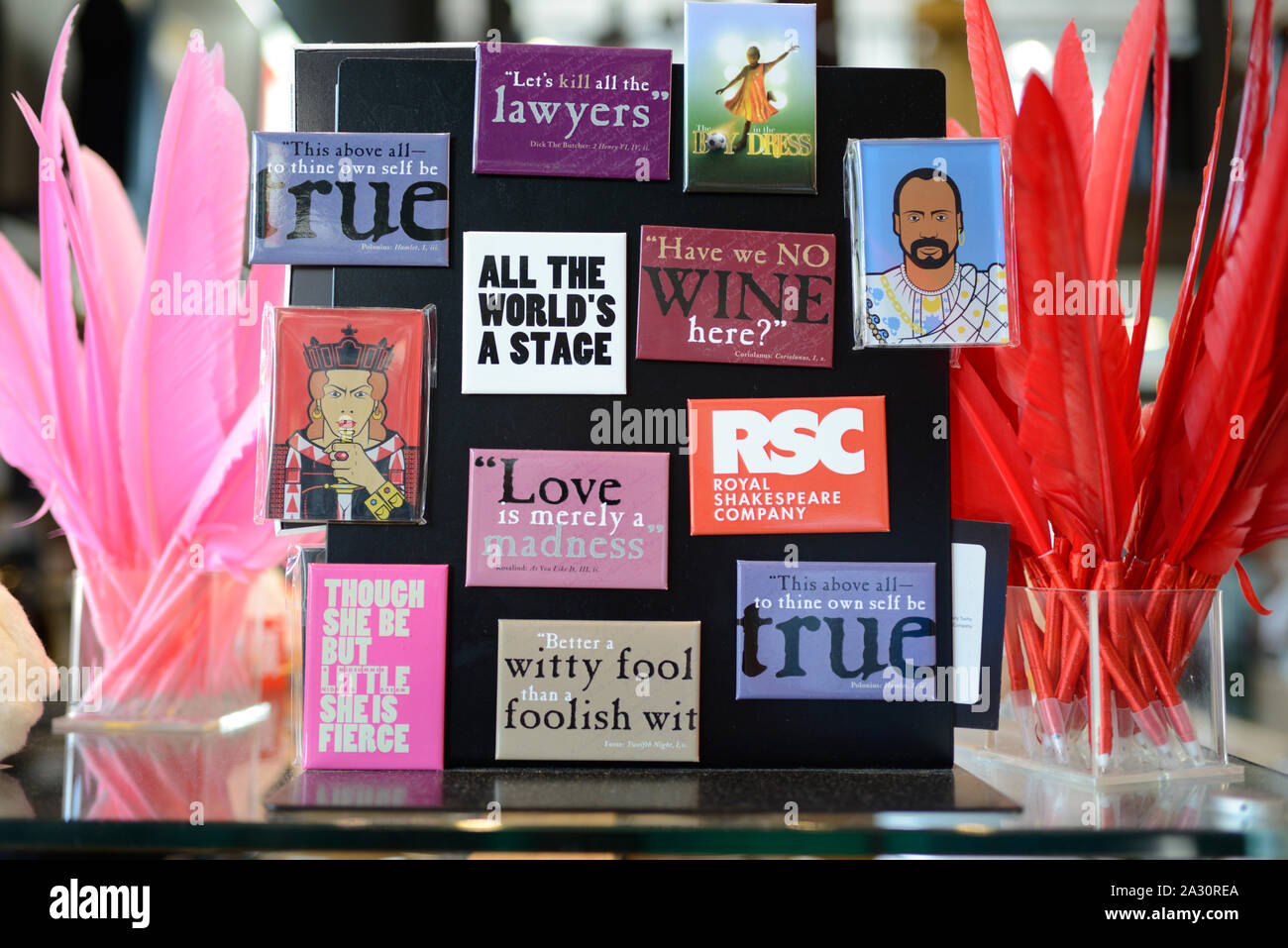 Souvenir Badges or Fridge Magnets of Shakespeare Witticisms or Quotes such as All the World's a Stage in Souvenir Shop Stratford-upon-Avon England UK Stock Photo