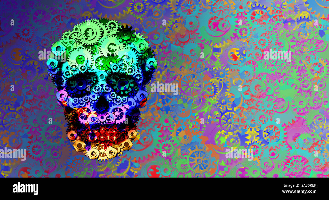 Steampunk psychedelic skull concept or steam punk science fiction historical fantasy with a group of gears and cogs shaped as a head skeleton. Stock Photo
