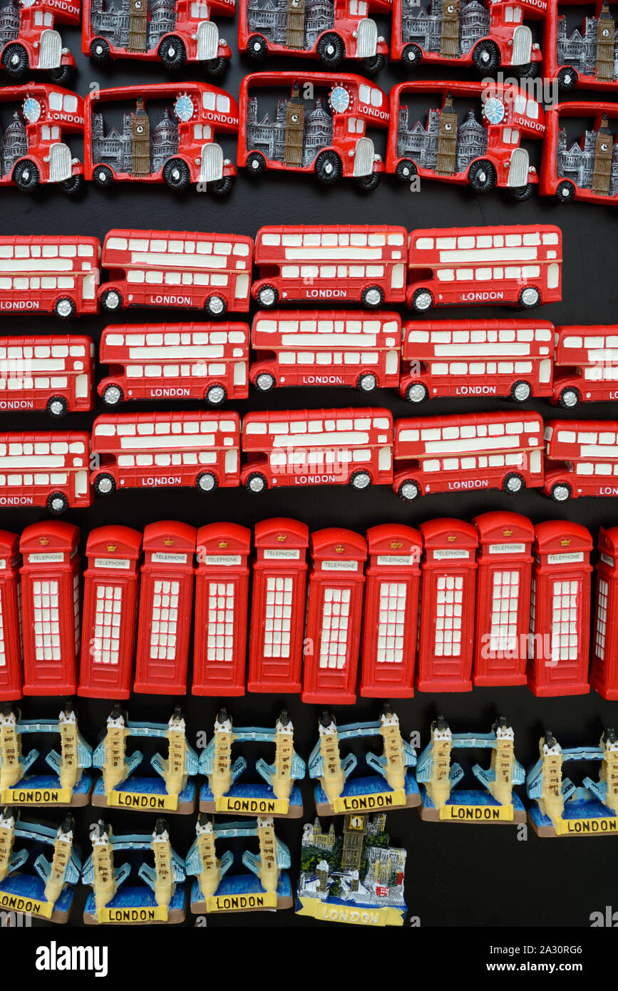 Red Buses & Red Telephone Boxes Souvenir Fridge Magnets on Sale in Gift Shop or Souvenir Stall London UK Stock Photo