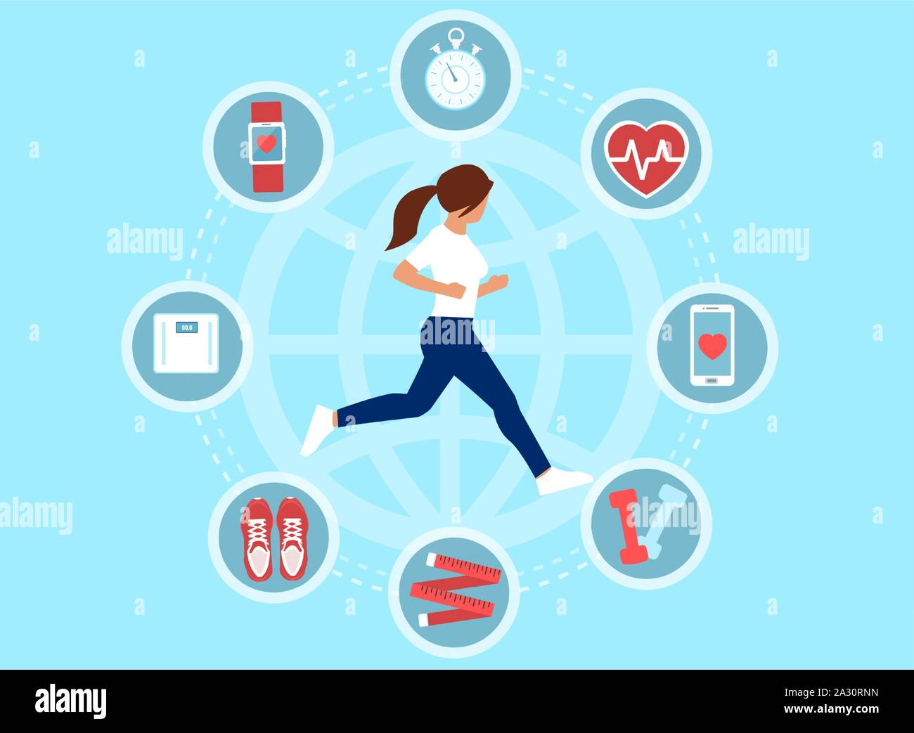 Healthy lifestyle concept. Vector of a fit woman exercising following diet guidelines using mobile app monitoring Stock Vector