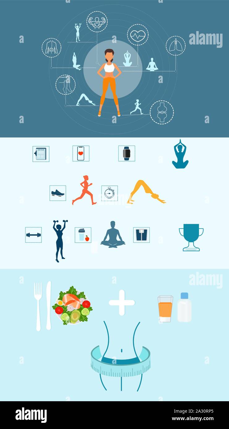 Fitness and healthy diet concept. Vector of an exercising woman running, practicing yoga, aerobics and eating balanced food Stock Vector
