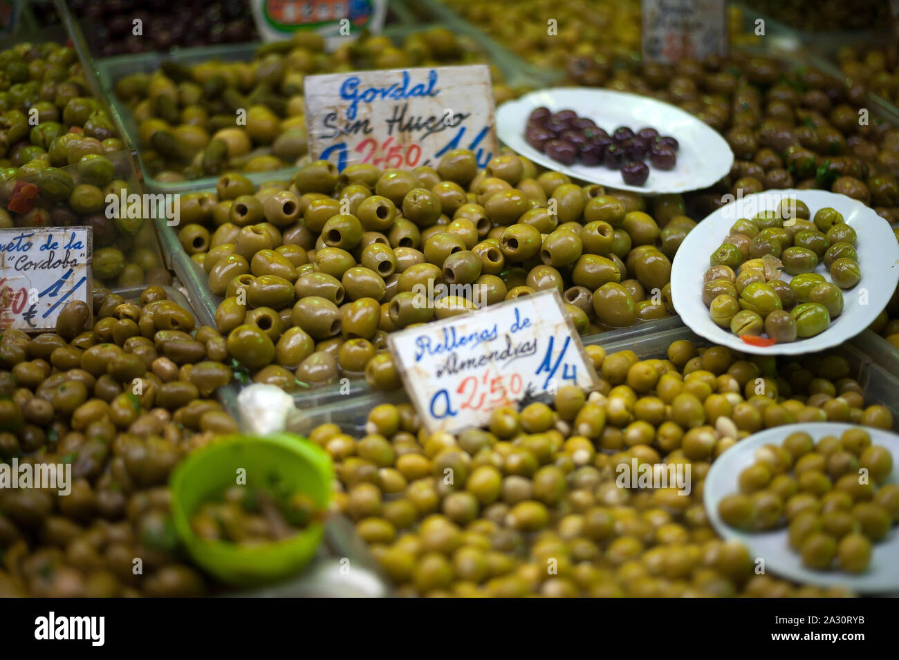 Olives are seen displayed in a market.U.S president Donald Trump, announced that he will impose tariffs to different Spanish products as virgin olive oil, ham, olives, wine or cheese and will increase the price on 25% of sales in US. The agri-food production of traditional products exported from Andalusia to U.S is one the most important of Spain with a high economic impact in the Andalusia province. Stock Photo