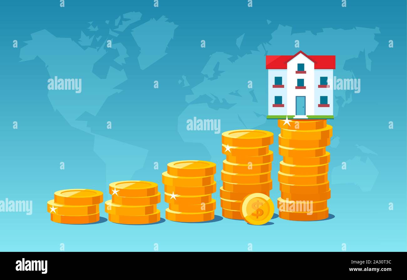Vector of a home on top of a pile of gold coins growing up. Real estate and growing prices concept Stock Vector