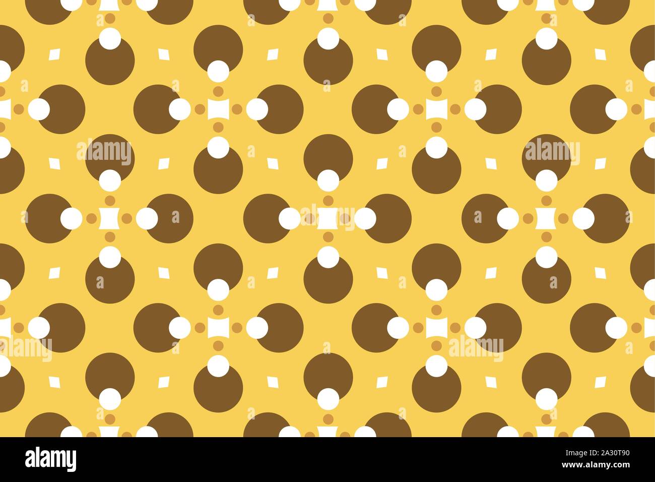 Vector seamless geometric pattern. Shaped circles, squares and diamonds in white, brown colors on yellow background. Stock Vector