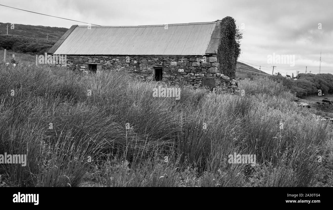 Stone Farmhouse in a field, Achill Island, County Mayo, Ireland Stock Photo