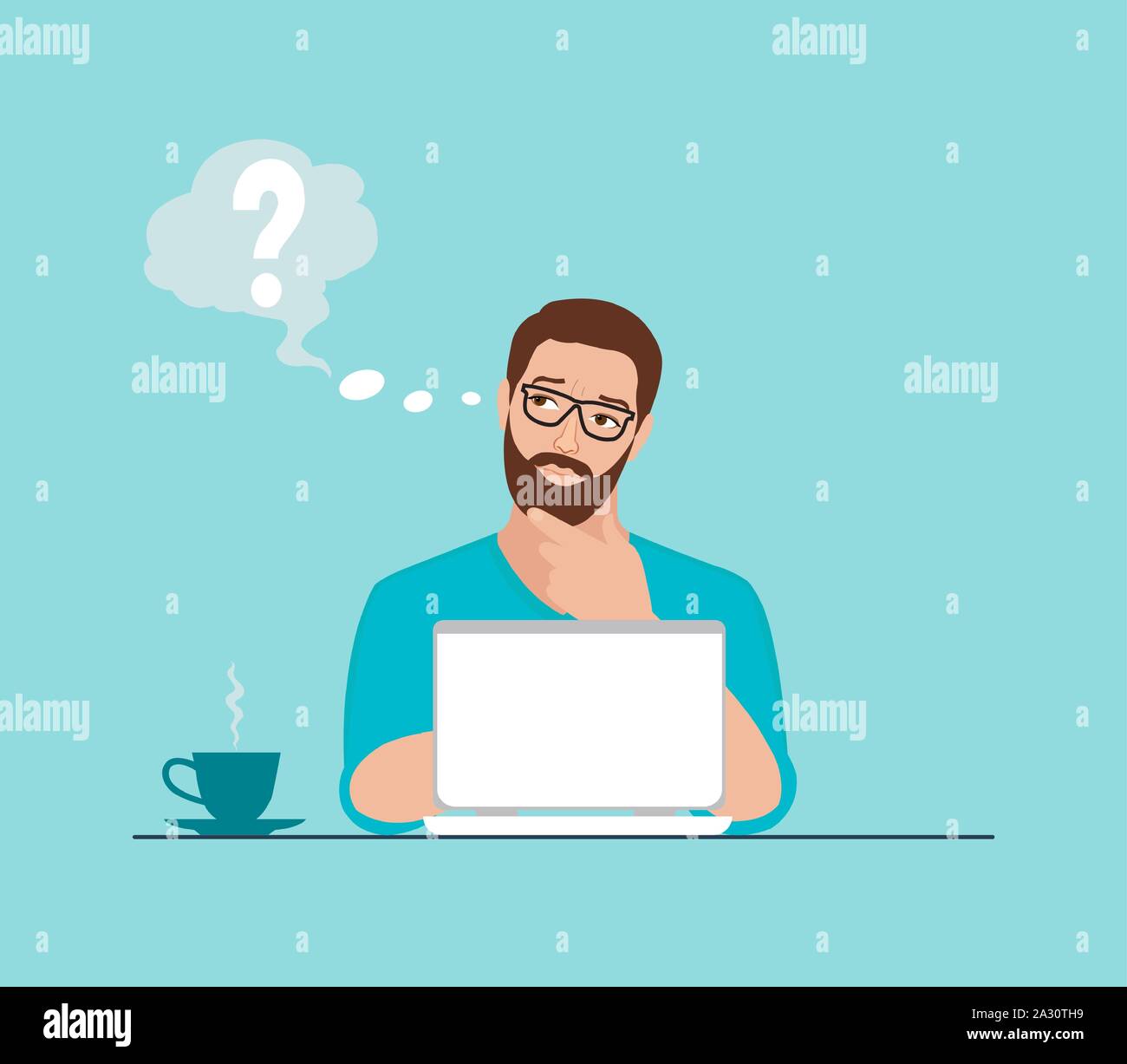 Vector of a thoughtful young man working on laptop at workplace having some questions Stock Vector