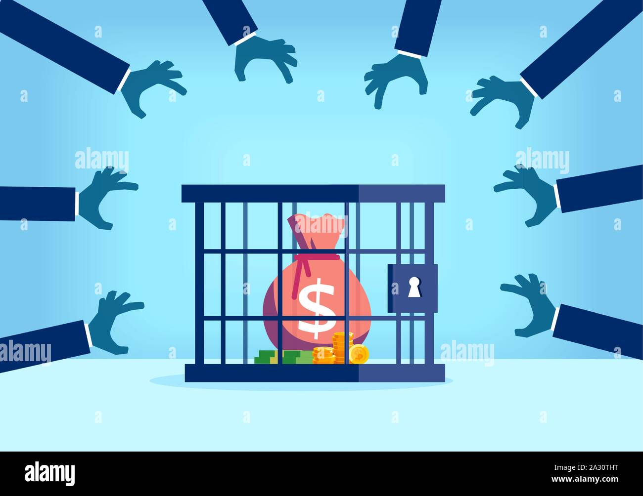 Vector of a sack of money with dollar sign desired by many people being trapped inside a locked cage Stock Vector