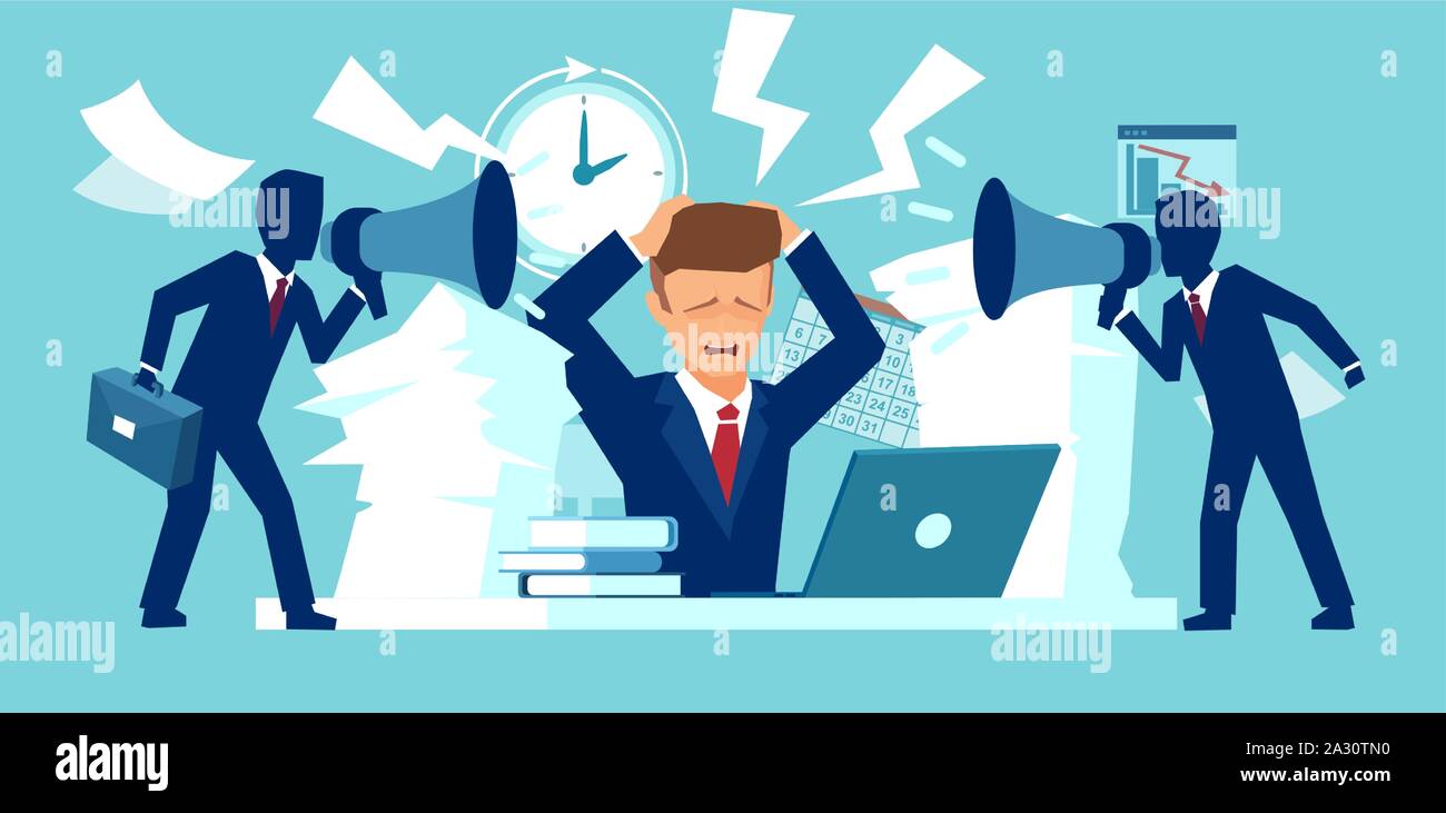 Vector of a stressed man employee being pressured by boss about approaching deadline. Stock Vector