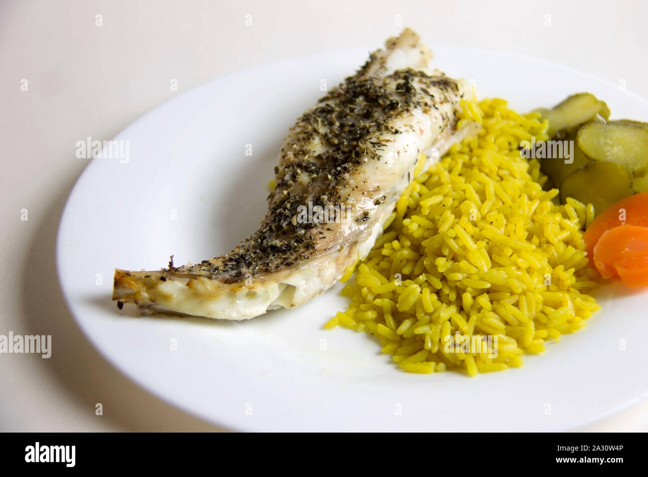Healthy eating. Cooked, fried, ready to eat monkfish Stock Photo