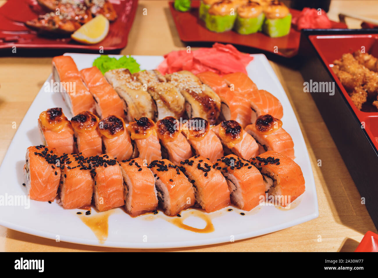 Japanese food mix on a restaurant table Stock Photo - Alamy
