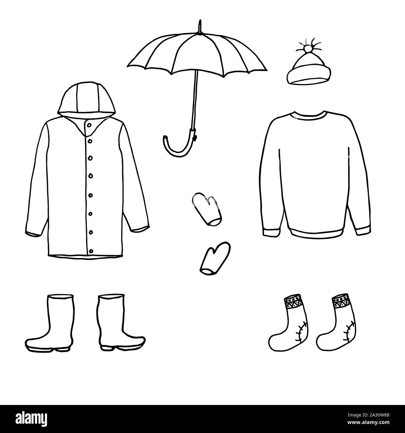 Clothes and accessories for cold season: raincoat, boots, umbrella, cap, sweater, socks, gloves. Cartoon doodle sketch can be used in cards, posters, flyers, banners, logo, clothes design etc. Vector illustration EPS10 Stock Vector