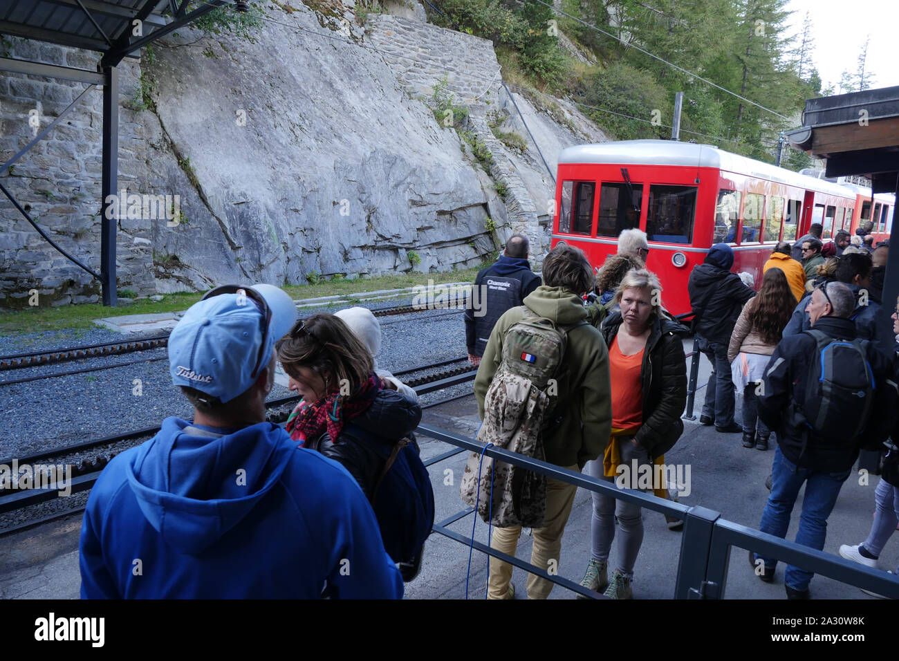 Passengers at the Montenvers Railway terminal Station, Chamonix-Mont-Blanc Valley, Haute-Savoie, France Stock Photo