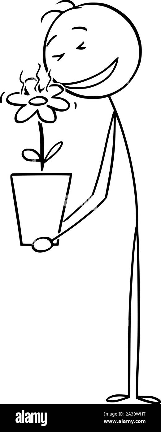Vector cartoon stick figure drawing conceptual illustration of man enjoying smelling to beautiful flower in plant pot. Stock Vector