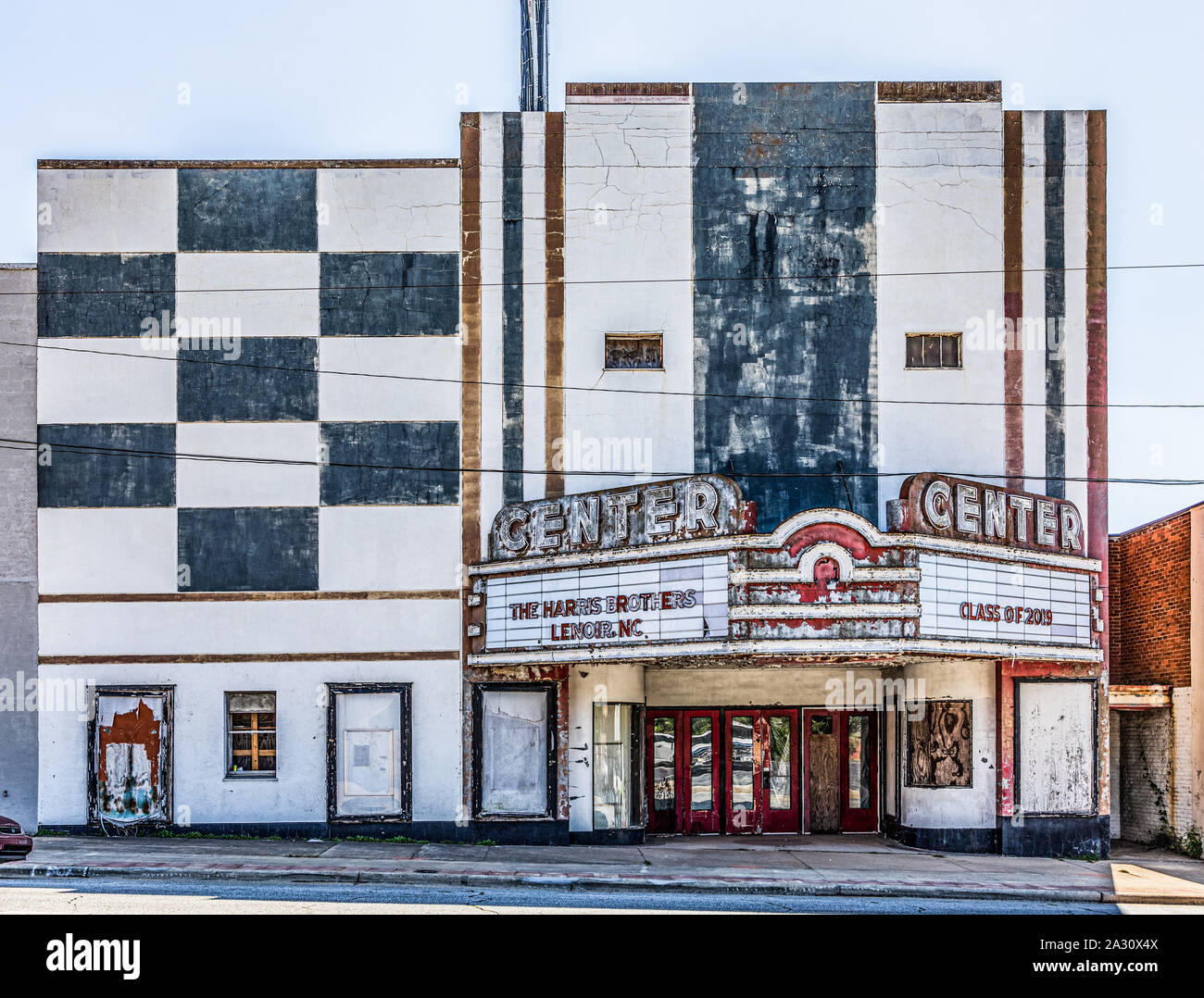 LENOIR, NC, USA-24 SEPT 2019: The old Center Theatre in downtown Lenoir sets abandoned and deteriorating. Stock Photo