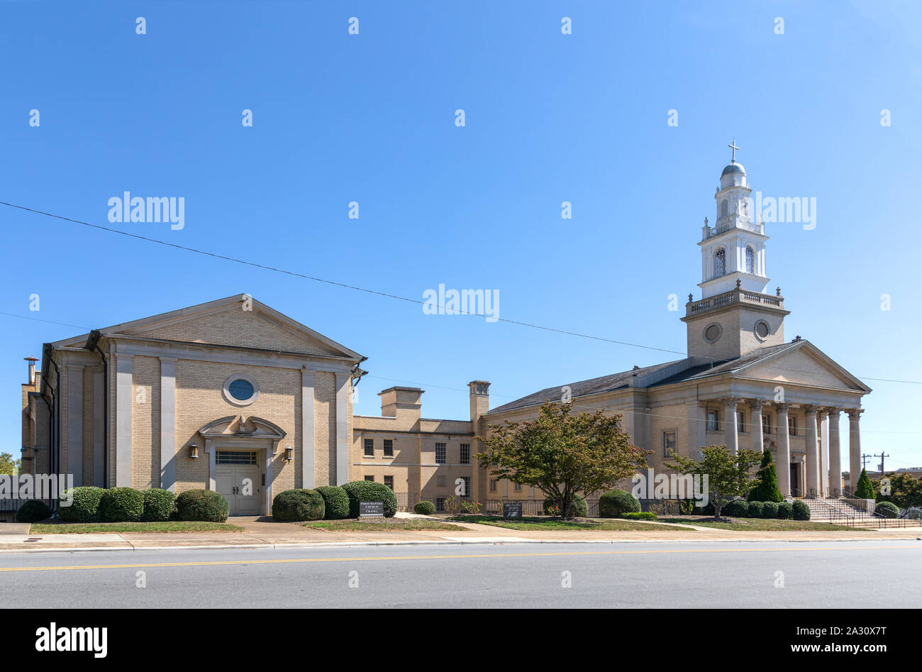 LENOIR, NC, USA-24 SEPT 2019:  First Baptist Church Sanctuary and Chapel, on North Main St., completed in 1924. Stock Photo