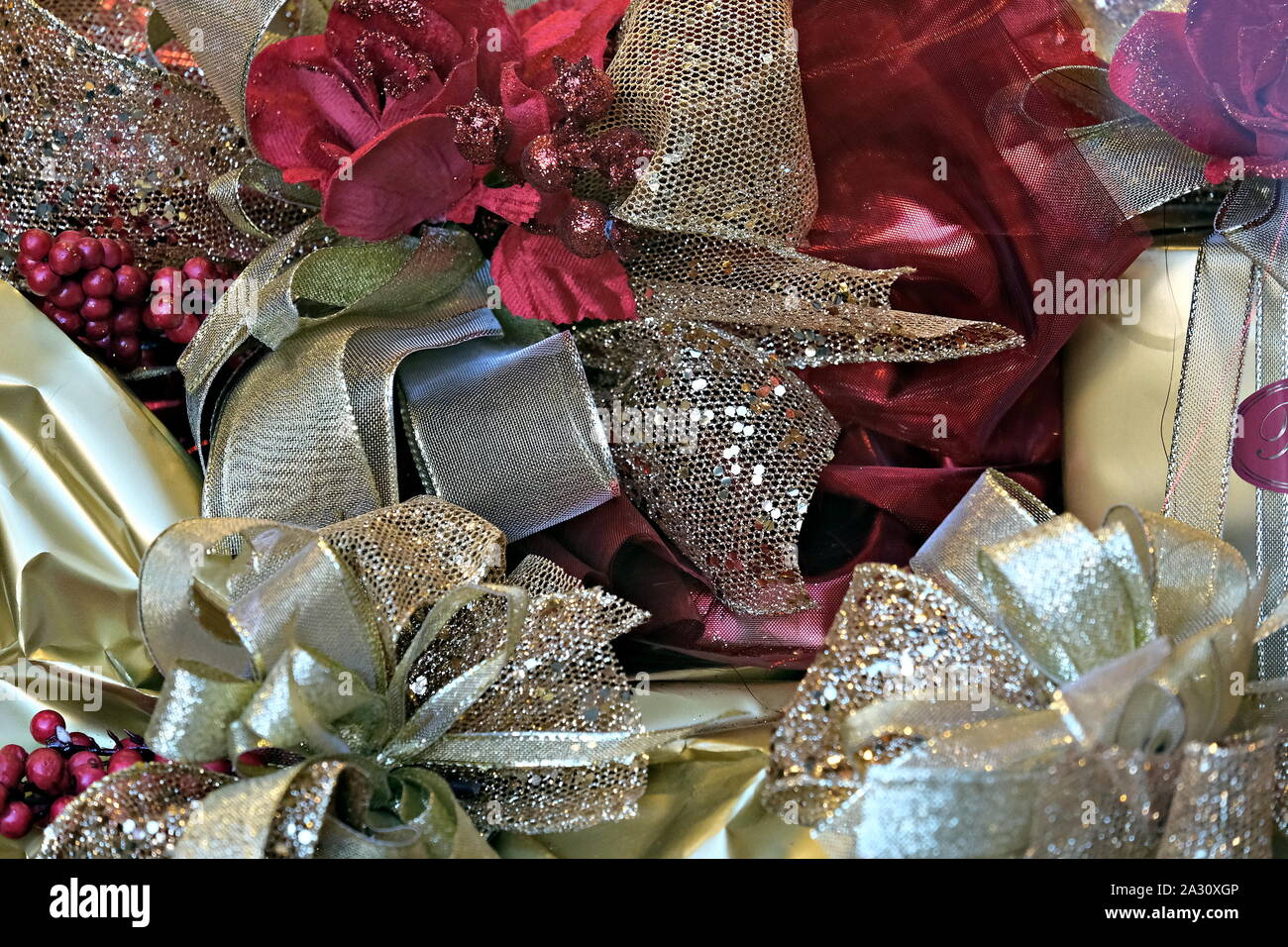 Christmas decorations with ribbons and bows Stock Photo