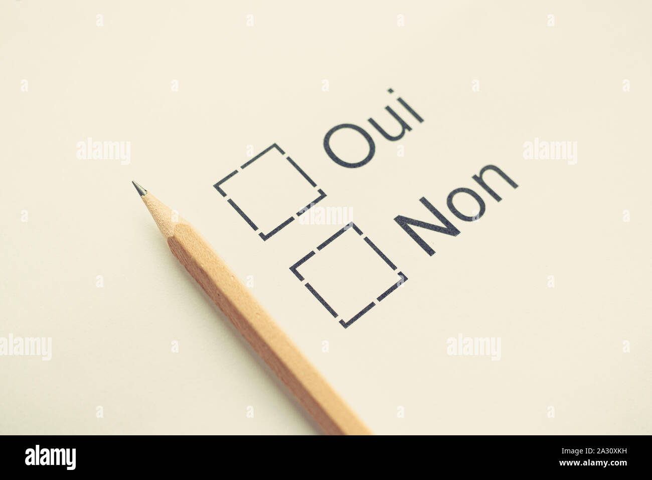 French Language Vote Choice Yes Or No Checkbox On White Paper With Pencil Toned Old Selective Focus Checklist Concept Stock Photo Alamy