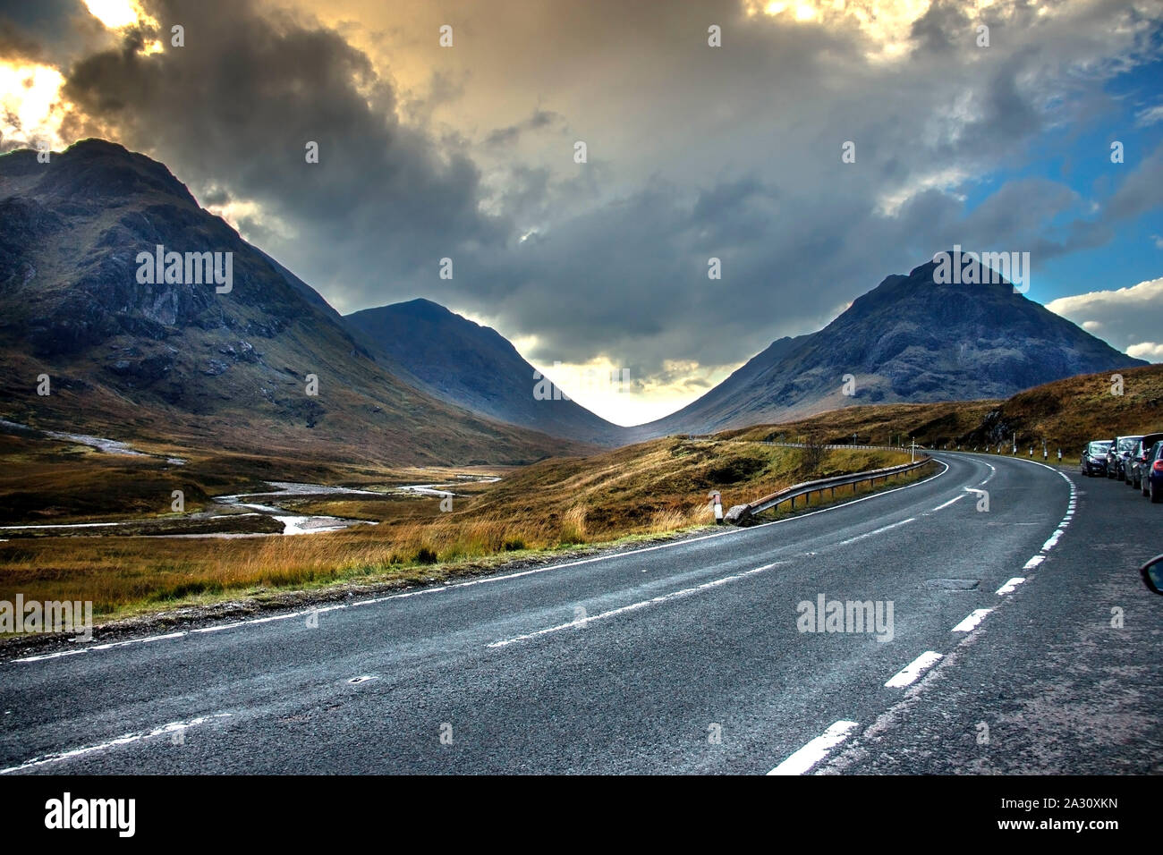 Glencoe and A82 Road. Lochaber area in Highlands, Scotland, UK. Scottish Highlands. Stock Photo