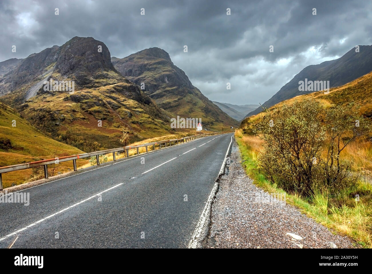 Glencoe and A82 Road. Lochaber area in Highlands, Scotland, UK. Scottish Highlands. Stock Photo