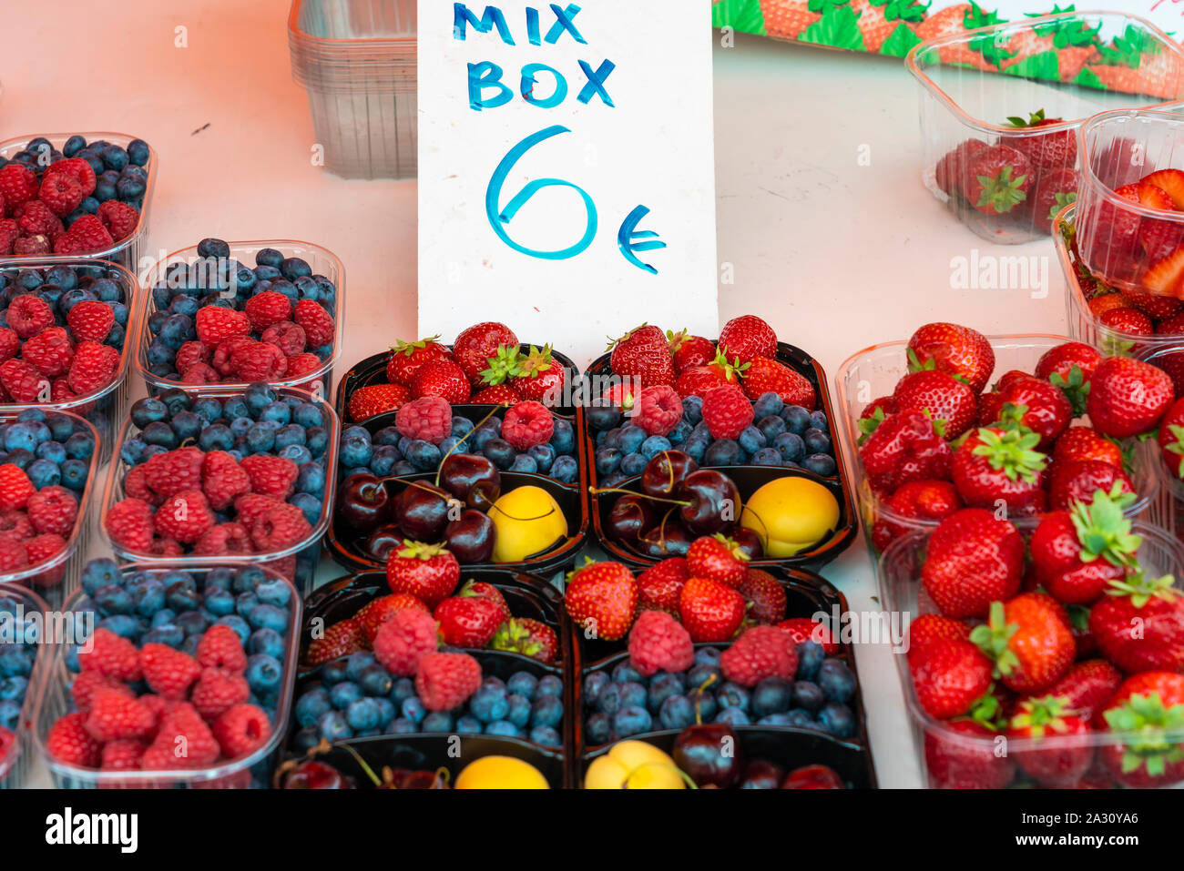 Fresh fruit for sale at the Kauppatori Market Square in downtown Helsinki, Finland. Stock Photo