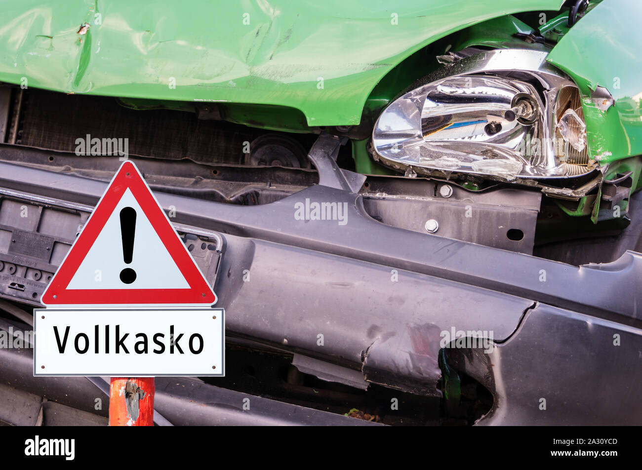 Car accident full insurance warning sign Stock Photo