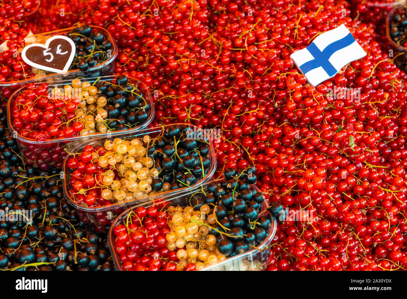 Fresh fruit for sale at the Kauppatori Market Square in downtown Helsinki, Finland. Stock Photo