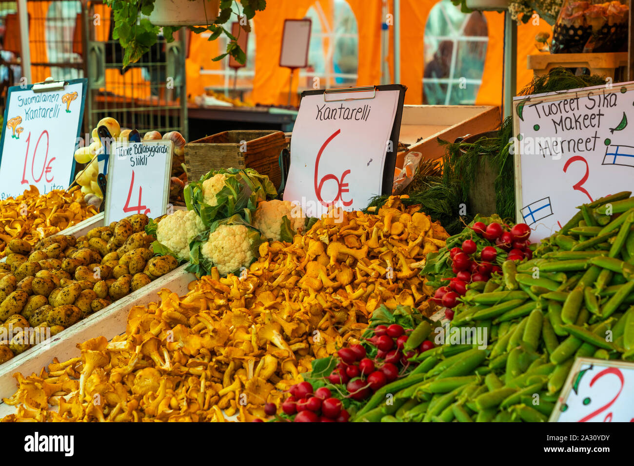 Fresh fruit for sale at the Kauppatori Market Square in downtown Helsinki, Finland. Stock Photo
