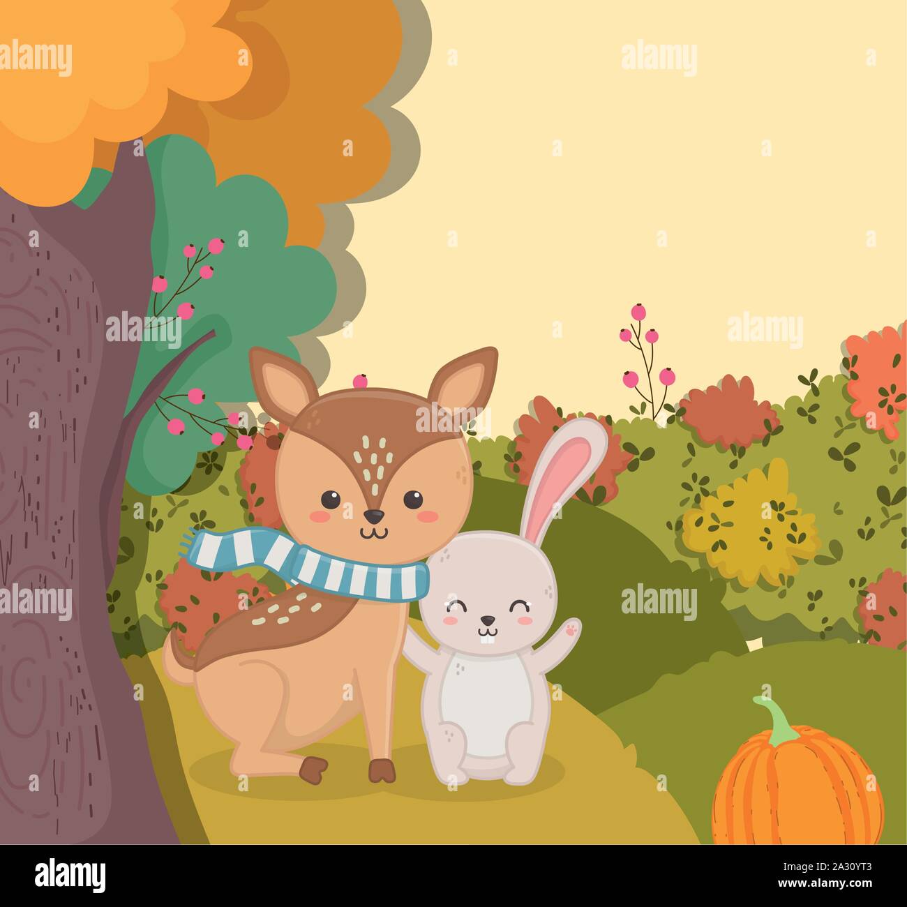 cute deer with rabbit pumpkin forest tree bushy leaves hello autumn ...
