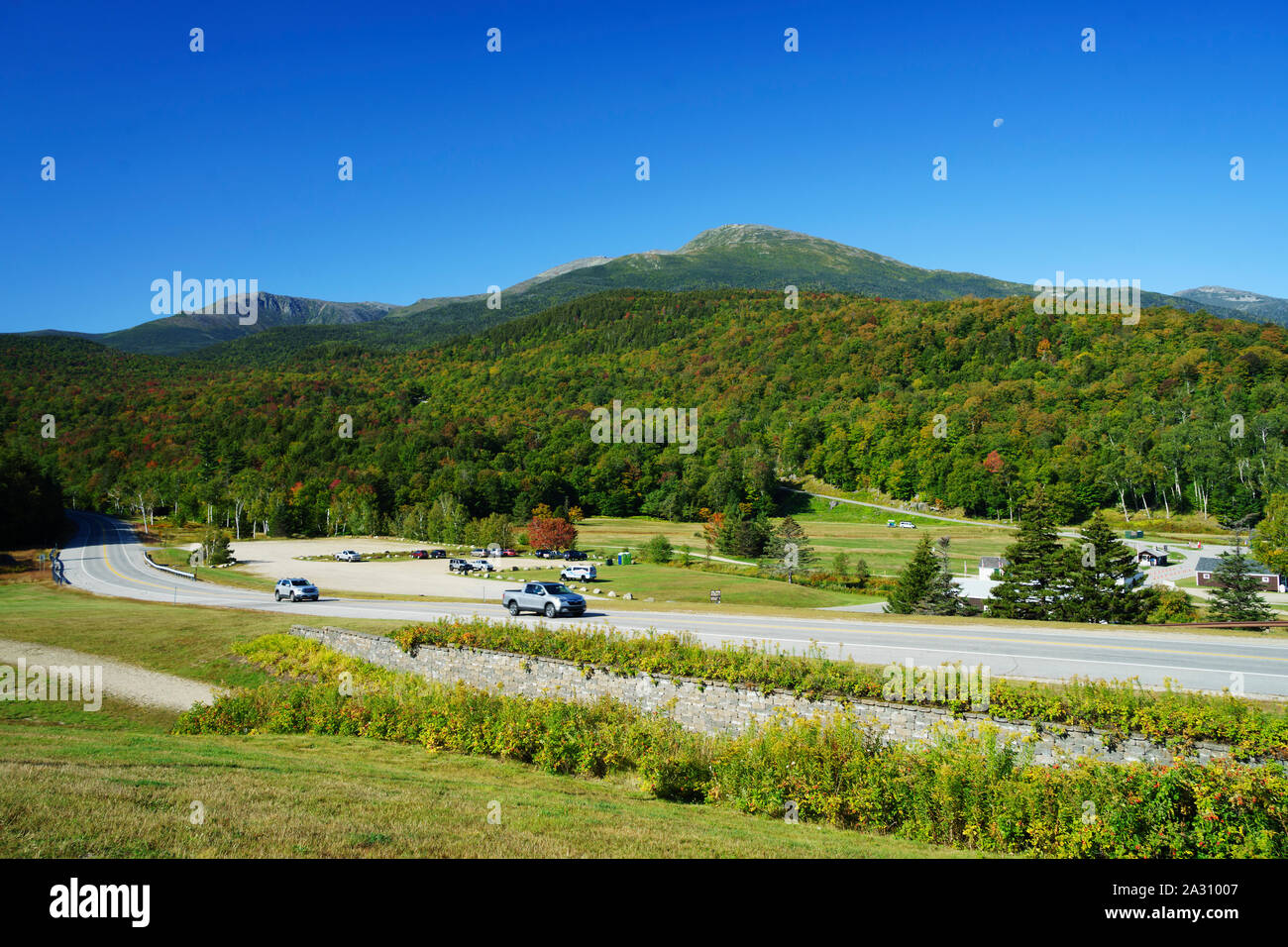 View of route 16 and entrance to the Mount Washington Auto Road, New Hampshire, USA. Stock Photo