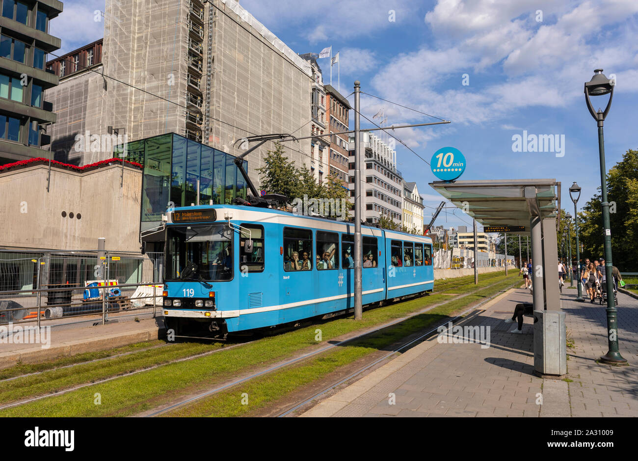 OSLO, NORWAY - Electric tram, public transportation. Stock Photo