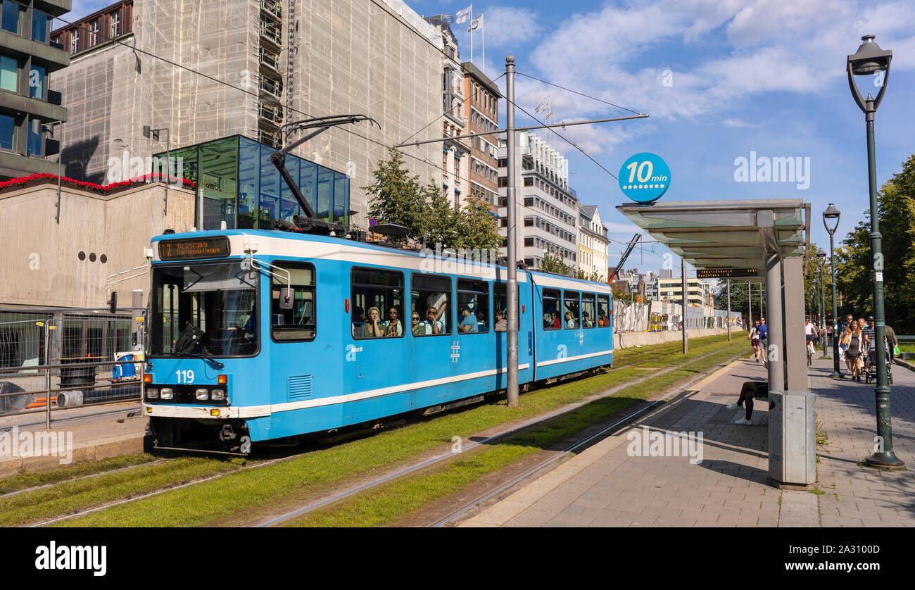 OSLO, NORWAY - Electric tram, public transportation. Stock Photo