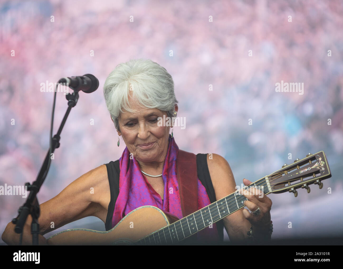 Joan Baez performing the 24th July 2019 at the Green Heineken Stage, placed on the Zurriola beach, of the Heineken Jazz Festival one of her latest con Stock Photo