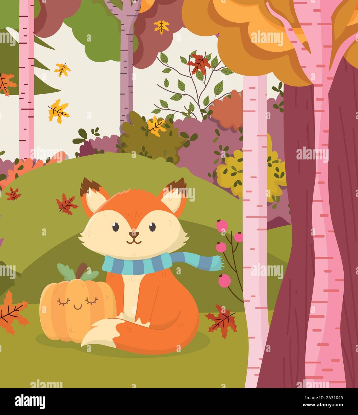 cute fox with pumpkin forest trees leaves foliage hello autumn vector ...