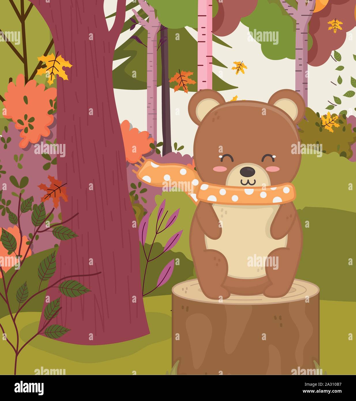 cute bear sitting stump forest hello autumn vector illustration Stock ...