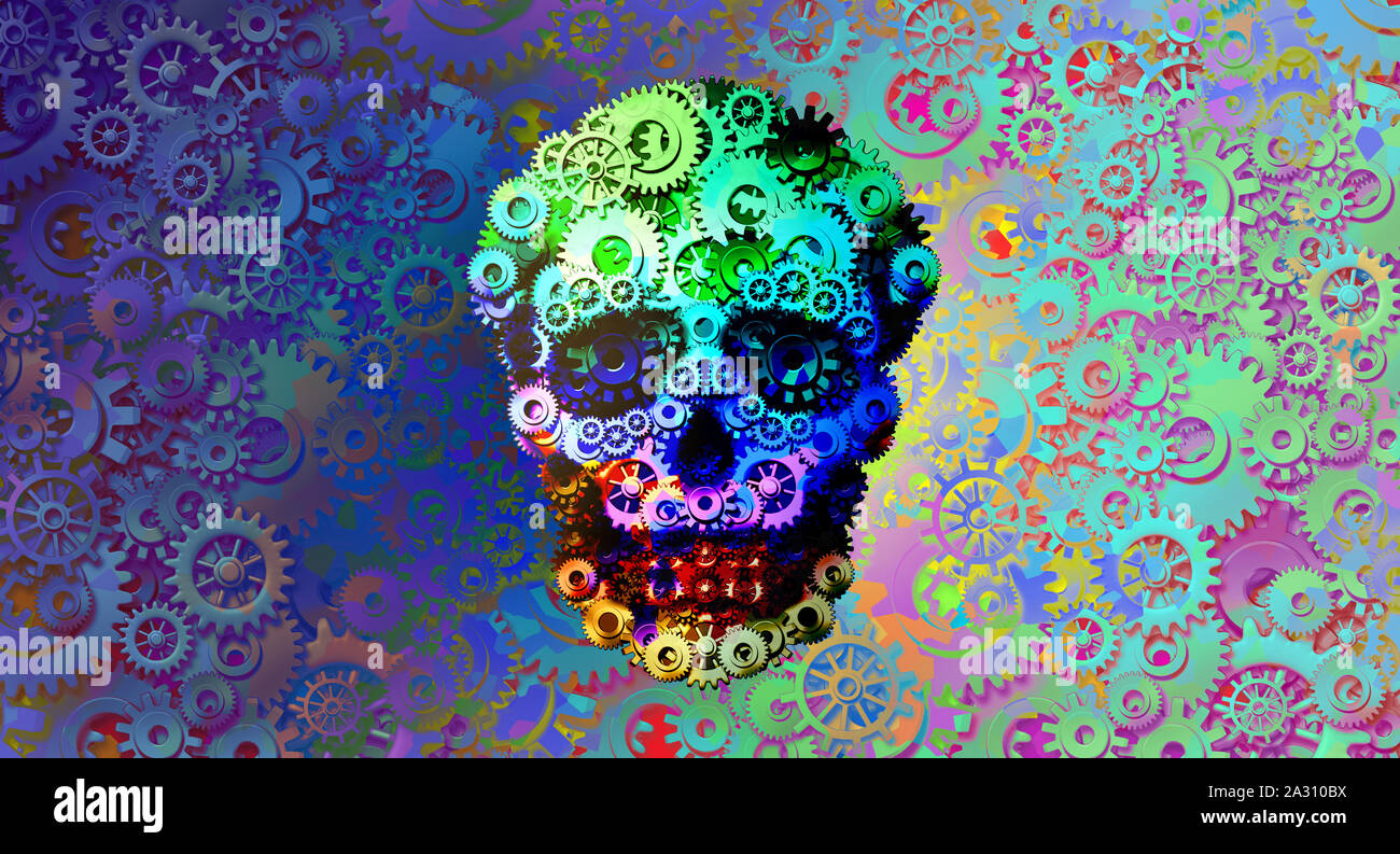 Psychedelic steampunk skull concept or abstract steam punk science fiction design and  fantasy art with a group of gears and cogs. Stock Photo
