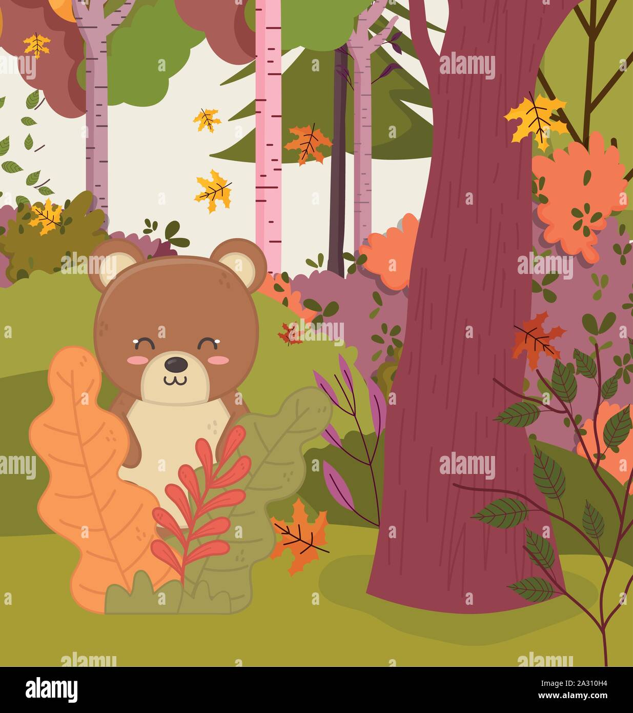 cute bear in the forest tree foliage hello autumn vector illustration ...