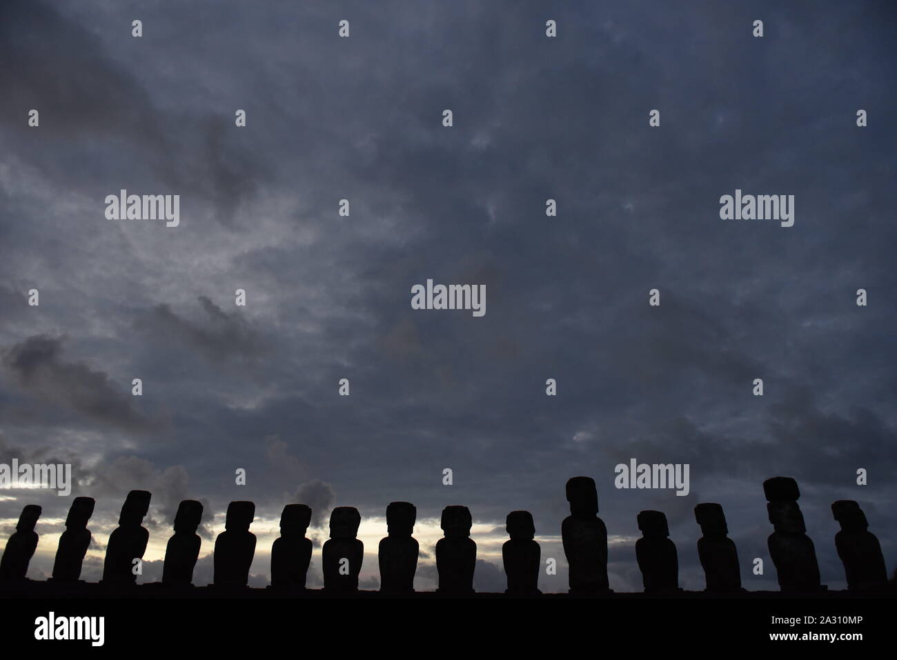 Easter Island, Chile. 22nd Sep, 2019. Silhouette of Moais at ceremonial