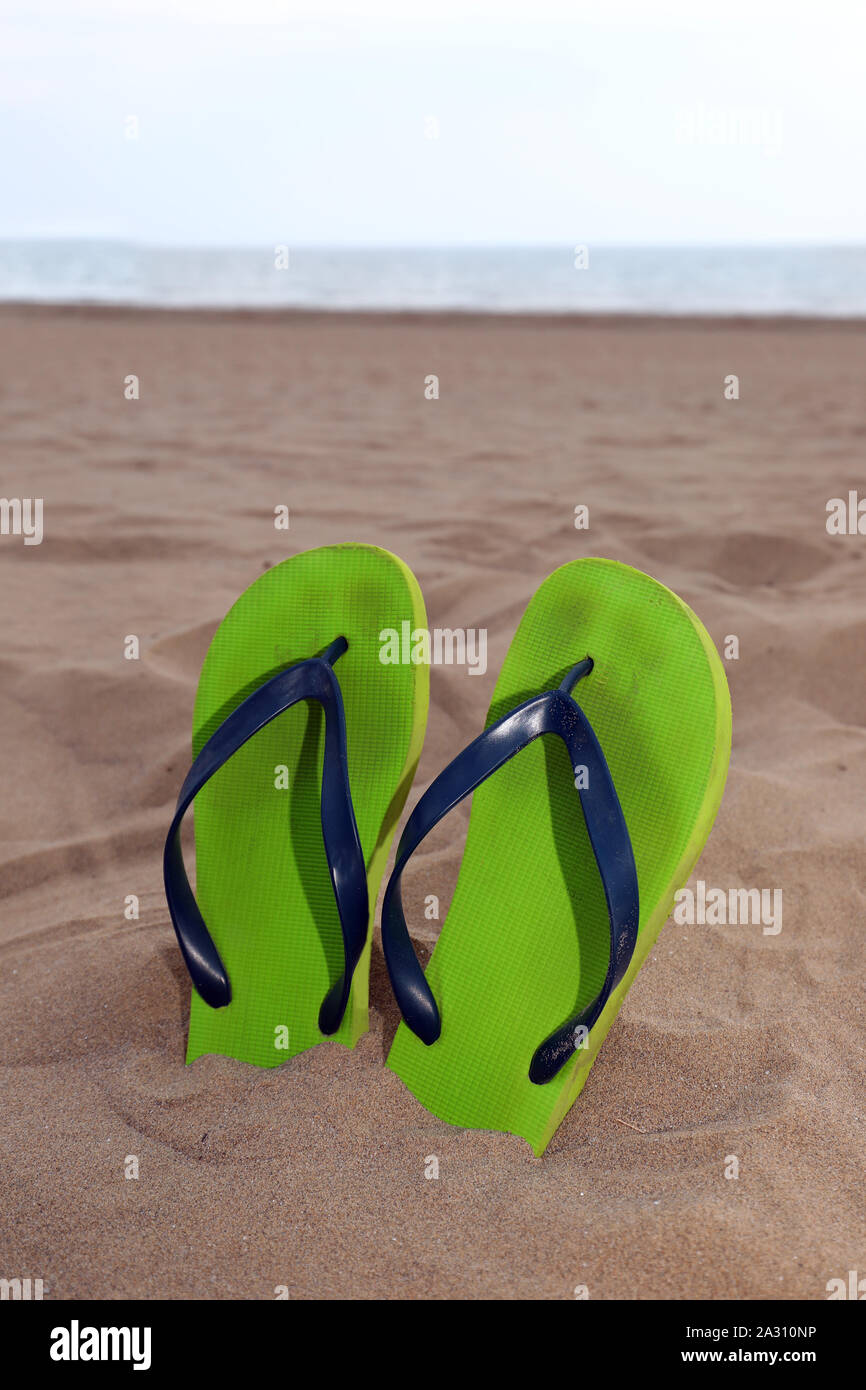 Two green flip flops on the sandy beach Stock Photo - Alamy