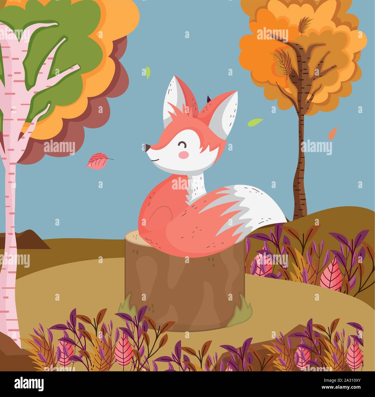 cute fox in the field foliage leaves hello autumn vector illustration ...