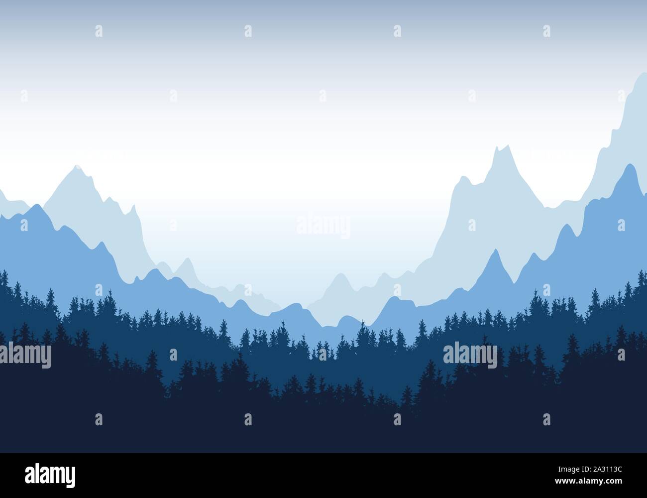 Realistic illustration of mountain landscape with silhouettes of ...