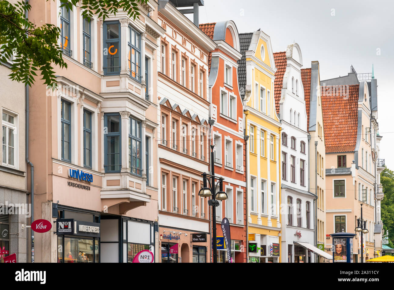 A city square and architecture in downtown Rostock, Germany, Europe