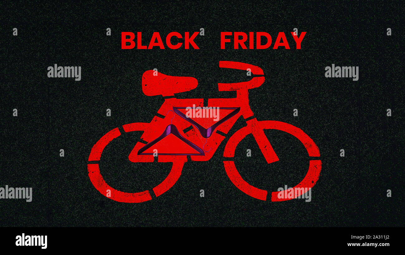Black Friday sale concept with bicycle road sign and fashion clothes hangers on dark green black background. Shopping